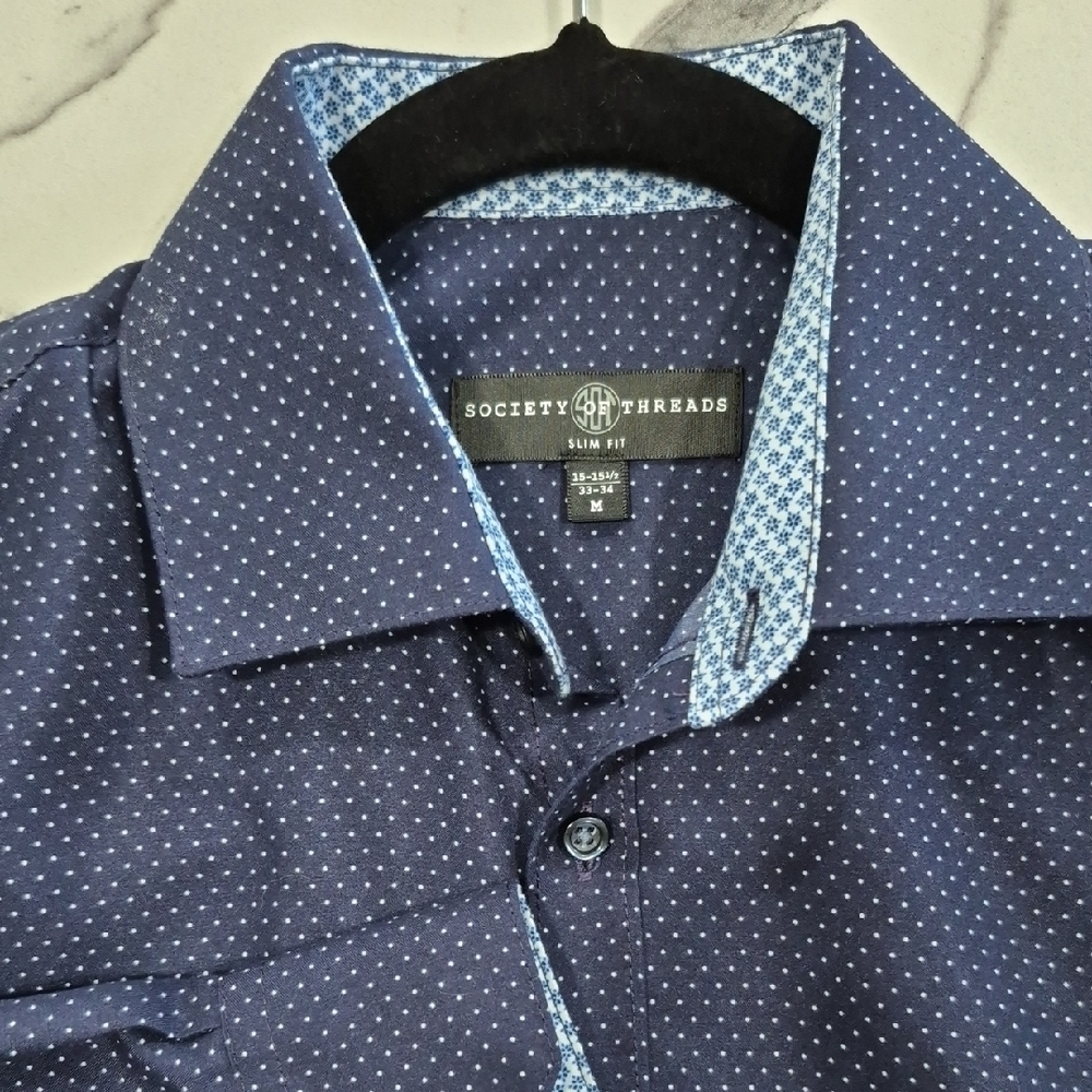 Society of Threads Long Sleeve Dress Shirt Blue w White Dots, Medium